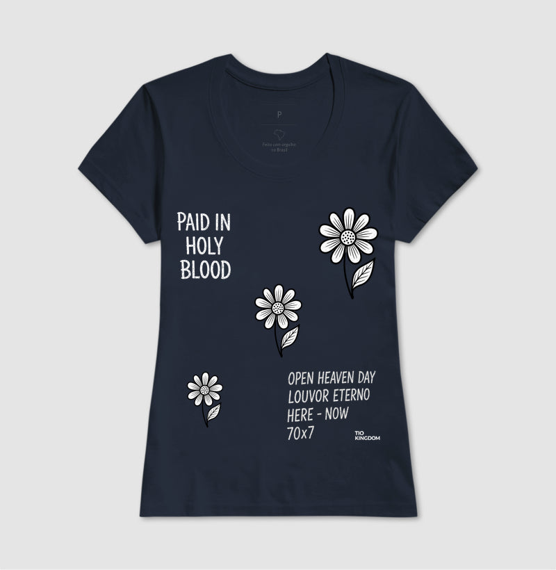 CAMISETA FEMININA GOSPEL CRISTÃ PAID IN HOLY BLOOD