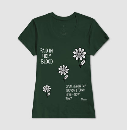 CAMISETA FEMININA GOSPEL CRISTÃ PAID IN HOLY BLOOD