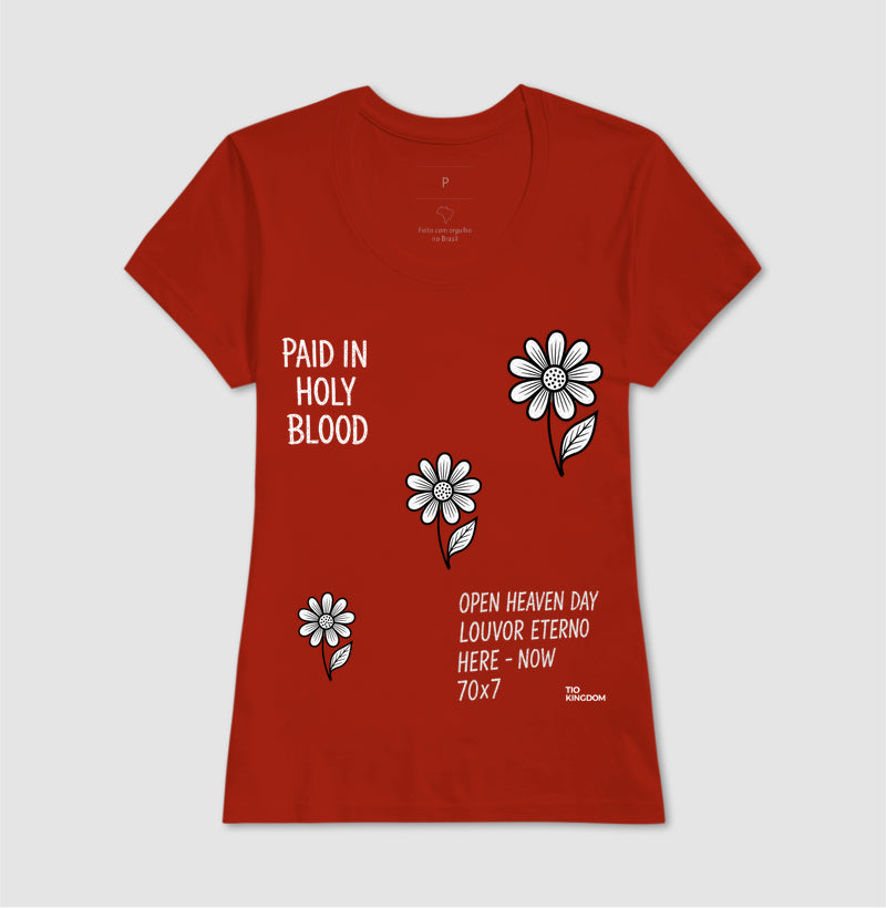 CAMISETA FEMININA GOSPEL CRISTÃ PAID IN HOLY BLOOD