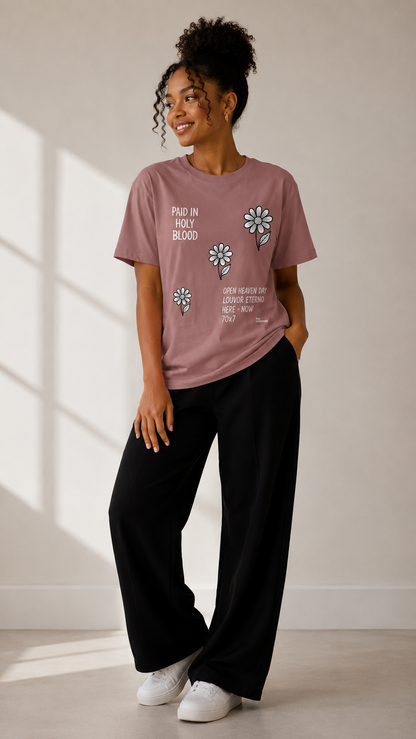 CAMISETA FEMININA GOSPEL CRISTÃ PAID IN HOLY BLOOD