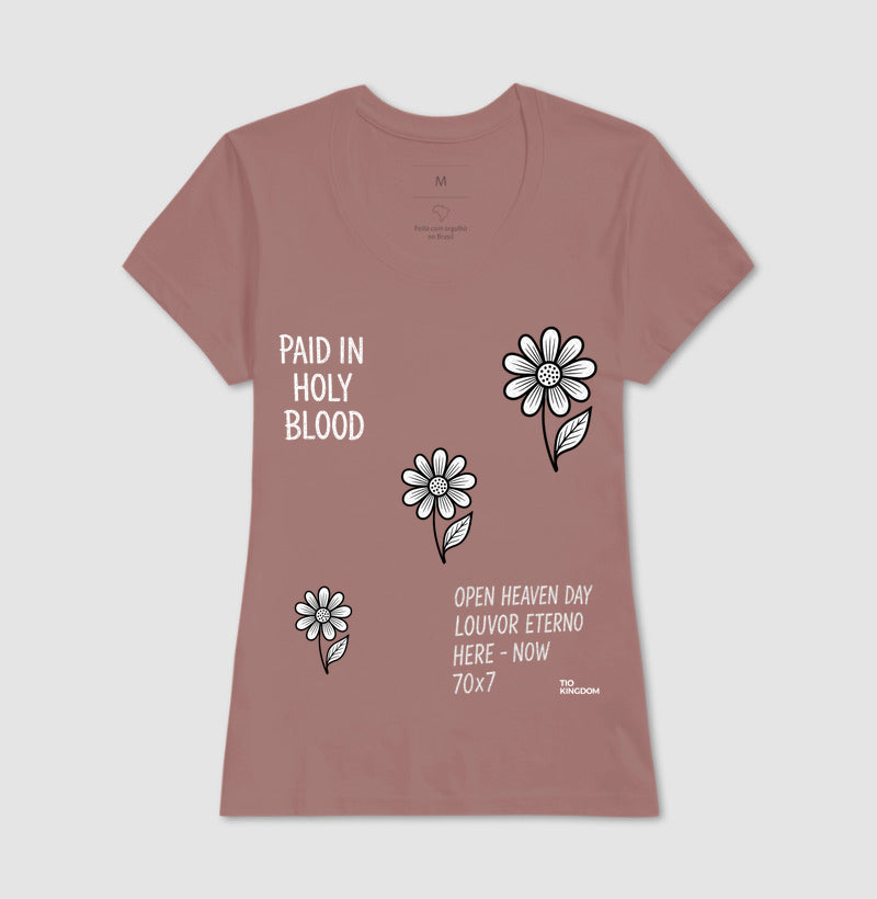 CAMISETA FEMININA GOSPEL CRISTÃ PAID IN HOLY BLOOD